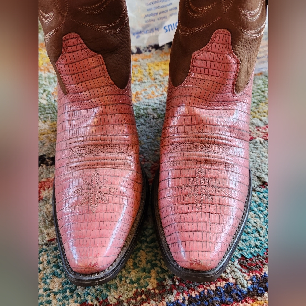 ARIAT Heritage Snip Snub Nose Brown Pink Croc Fringe Tassle Leather Boots 8.5 B - Picture 3 of 16